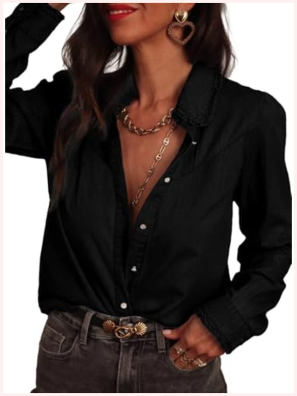 Womens Ruffle V Neck Button Down Denim Shirt Long Sleeve Chambray Jean Top